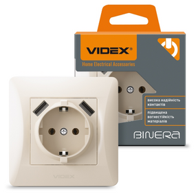 BINERA крем Розетка внутрішня 1-а +2USB із заземленням Videx