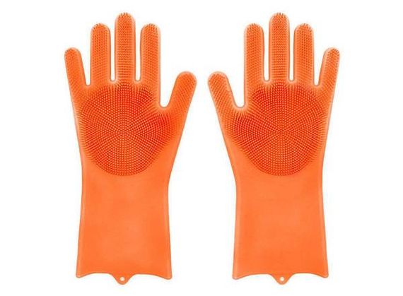 Силиконовые перчатки для мытья и чистки Magic Silicone Gloves с ворсом Оранжевые