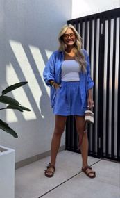 Женский летний костюм двойка шорты и рубашка лен бохо LY25026 цвет синий, размер 46/48