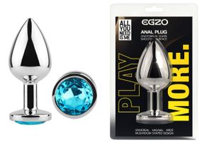 Анальна пробка з кристалом EGZO - Silver Round Plug Aqua size M Sex Aura