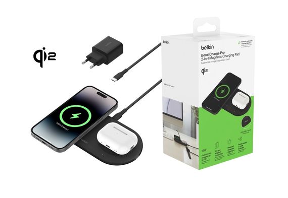 Зарядний пристрій Belkin бездротовий 2в1 15Вт Pad Qi2, чорний (WIZ021VFBK)