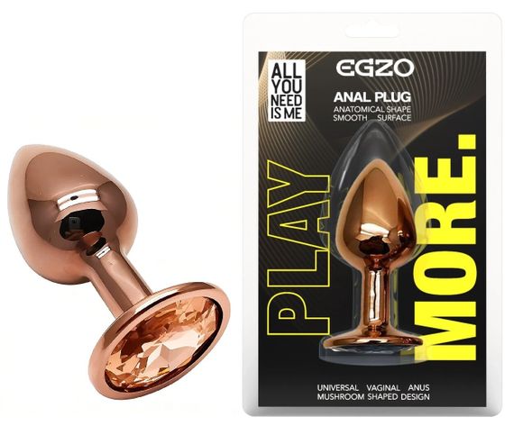 Анальная пробка EGZO Dark Gold с кристаллом, гладкая металлическая, размер S, 70×28 мм Sex Aura