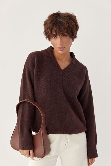 В'язаний однотонний пуловер вільного фасону - коричневий цвет, ONE SIZE (є розміри) | Зображення 4