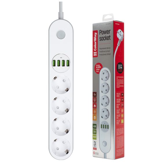 Мережевий фільтр живлення ColorWay CW-CHE44W, 4 розетки/4USB White 2M (CW-CHE44W) | Зображення 1
