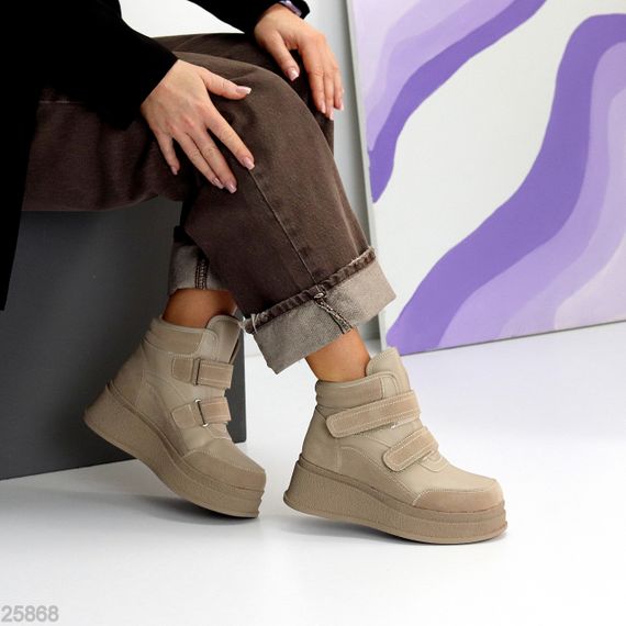 Бежеві зимові черевики снікерси на липучках натуральна шкіра + замша | Зображення 6