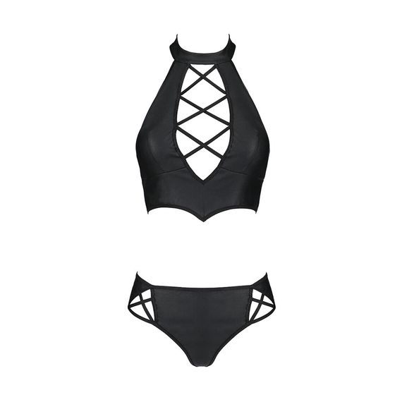 Комплект з еко-шкіри Passion NANCY BIKINI S/M, black, бра та трусики з імітацією шнурівки | Зображення 4