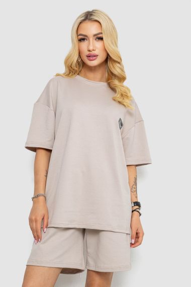 Женский летний костюм оверсайз шорты и футболка цвет бежевый размер L/XL 241R5004