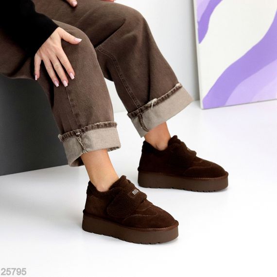 Молодежные шоколадные угги автоледи натуралки с мехом тедди на липучке | Зображення 6