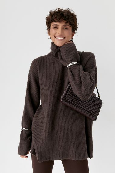 Тепла в'язана туніка в рубчик - коричневий цвет, ONE SIZE (є розміри) | Зображення 4