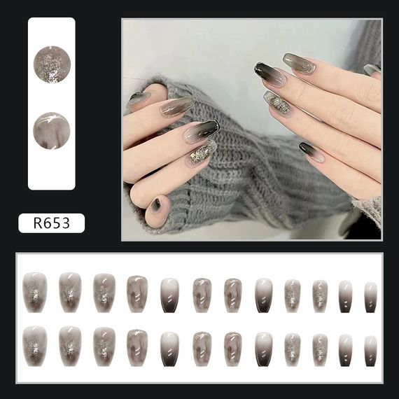 Накладні нігті з клеєм R653 Чорно-сіро-срібний 24 шт (A9685) | Зображення 3