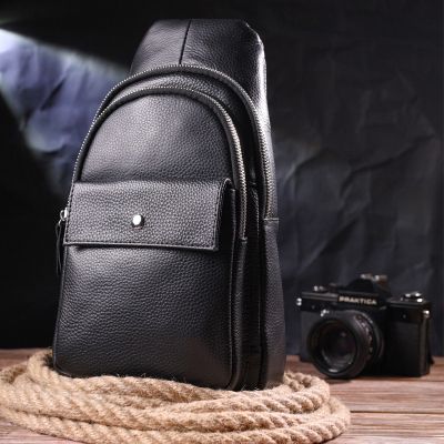 Сумка Vintage Чоловіча слінг з натуральної зернистої шкіри Чорна (21402) | Зображення 9