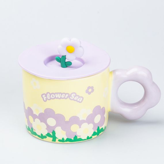 Чашка с крышкой 300 мл керамическая "Цветок" Желтая