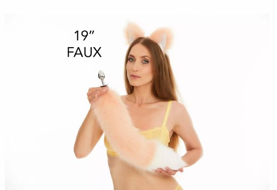 Анальний хутряний хвіст без пробки, Персиковий з білим кінчиком, OKOVA, 50 см. sexstyle