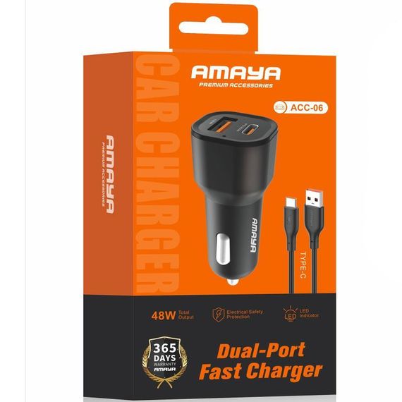 АЗУ Amaya ACC-06 PD30W+QC3.0 total 48W (1USB-A/1C) + кабель USB to Type-C Black | Зображення 1