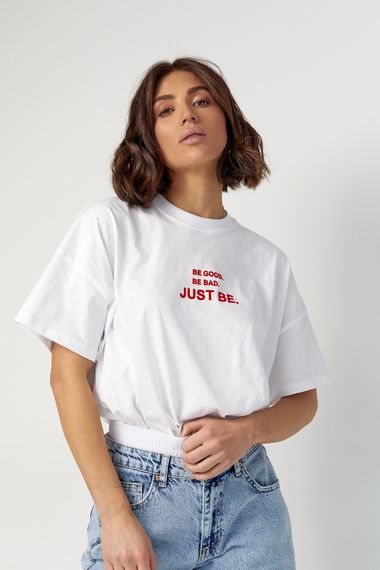 Женская футболка oversize с надписью Be good. Be bad. Just be - белый цвет, L (есть размеры) | Зображення 4