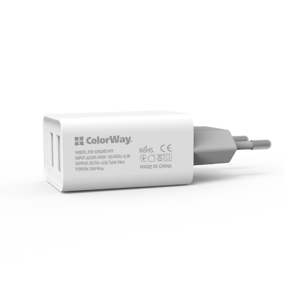 Зарядний пристрій мережевий 2USB 2,1А 10W білий ColorWay CW-CHS015-WT | Зображення 1