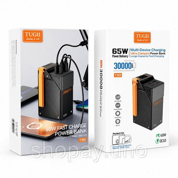 Павербанк WUW TUGII Y365 30000mAh 65W - быстрая зарядка, 4 порта, дисплей, ремень, черный | Зображення 4