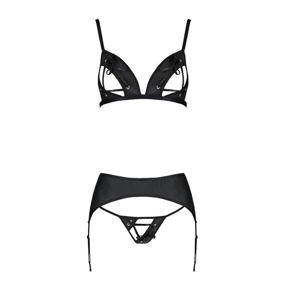 Комплект з екошкіри Passion MILEY SET L/XL, black, трусики, бюстгальтер, пояс для панчіх | Зображення 2