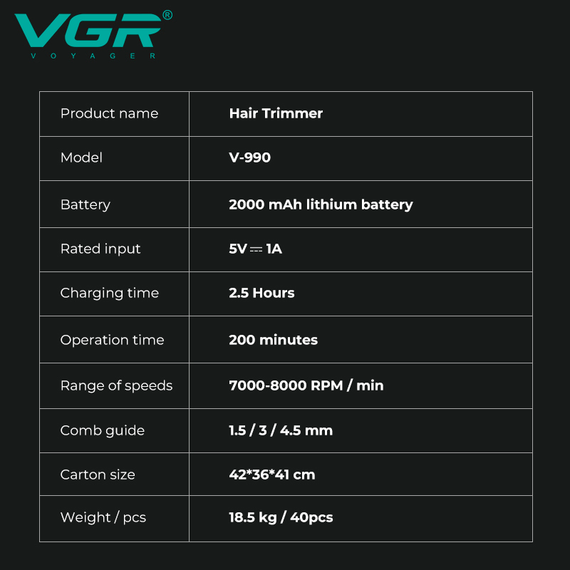 Триммер VGR V-990, 3 насадки, керамическое лезвие, TURBO режим, регулировка мощности, LED дисплей | Зображення 2