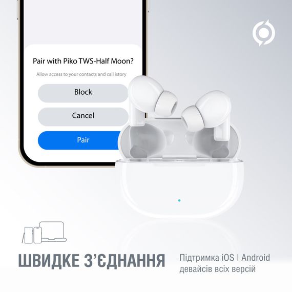 Навушники Piko TWS-HalfMoon White (1283126583391) | Зображення 3