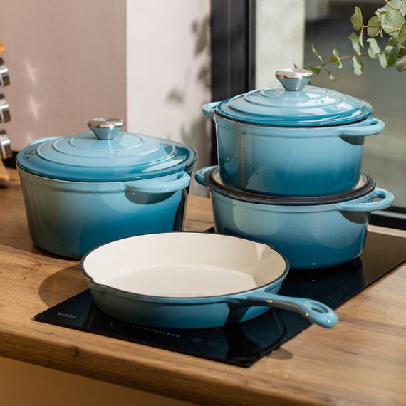 Набір чавунного посуду для приготування 3 каструлі та сковорода з емальованим покриттям Блакитний HP-1-7 | Зображення 7