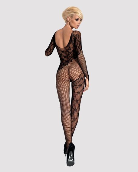 Бодістокінг Obsessive Bodystocking F210 black, рукава-мітенки, сітка, кольорове мереживо, S/M/L | Зображення 4