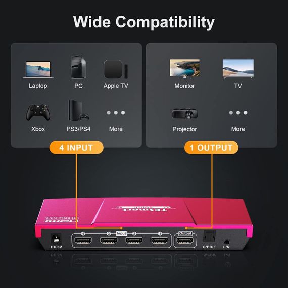 HDMI перемикач TESmart 4x1, 4K 60Hz, UHD, оптичний аудіовихід, пульт ДУ, підтримка HDR, Dolby Vision, червоний