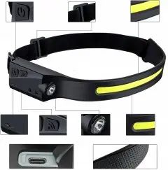 Легкий налобный фонарь LED+COB с датчиком движения и красным светом (черный) | Зображення 1