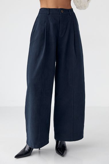 Котонові штани-палаццо зі складками - темно-синій цвет, S (є розміри)