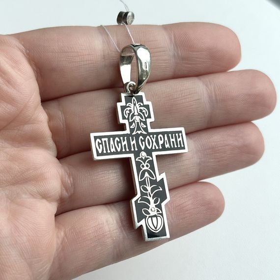 Срібний чоловічий масивний хрест із чорною емаллю і розп'яттям, родований, широке вушко, 9 гр | Зображення 9