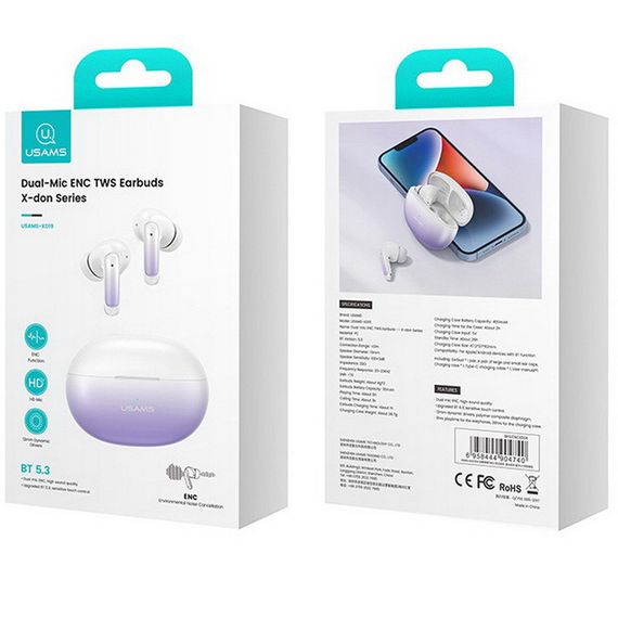 Беспроводные TWS наушники Usams-XD19 X-don Series ENC BT 5.3 Gradient Purple | Зображення 2