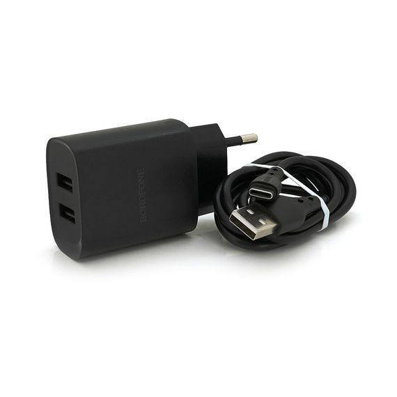 Набір BOROFONE BN2 СЗУ 2xUSB+ кабель Type-C, 2.1A, 1м, Black