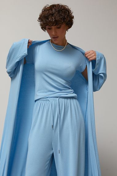 Легкий костюм із довгого кардигана, футболки та широких штанів - блакитний цвет, ONE SIZE (є розміри) | Зображення 2