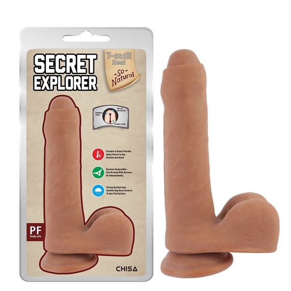 Фалоімітатор з мошонкою на присосці Chisa T-skin ReaL Secret Explorer, бежевий, 20 см sexstyle