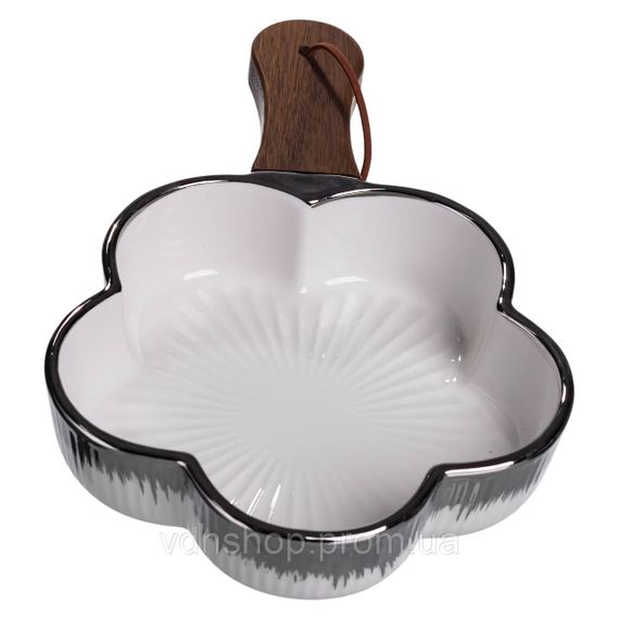 Тарілка порцелянова глибока з ручкою Квітка 24×16×4 (см) блюдо сервірувальне з ручкою для подачі тарілка сковорода Срібло ZJH-13-3 | Зображення 4