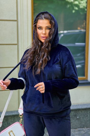 Женский велюровый спортивный костюм худи и штаны, большие размеры и батал, SS160 цвет темно-синий, размер 52/54 | Зображення 1