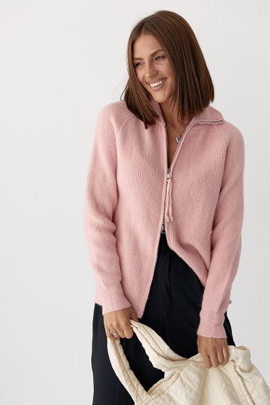 В'язаний кардиган із коміром на блискавці - пудра цвет, ONE SIZE (є розміри) | Зображення 4