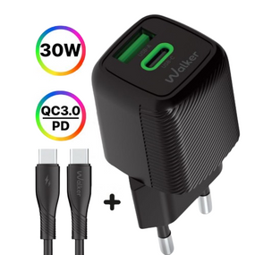 Зарядний пристрій мережевий USB/Type-C + кабель Type-C 30W чорний GaN WALKER WH-71 black