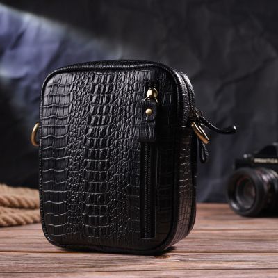 Сумка Vintage Невелика чоловіча з натуральної шкіри з фактурою під крокодила Чорна (21299) | Зображення 3