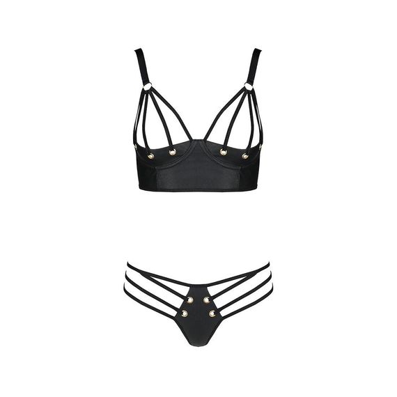 Комплект з екошкіри з люверсами та ремінцями Malwia Bikini black S/M — Passion, бра та трусики | Зображення 2