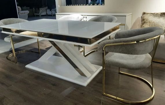 Обідній розкладний стіл Мілано (Milano) із золотим декором на глянсовій стільниці та нозі 180-220-260х95 см | Зображення 3