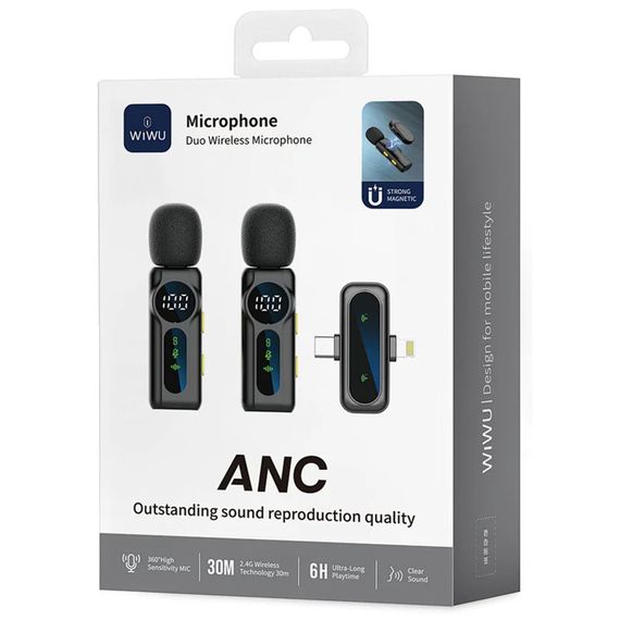 Петличный беспроводной микрофон WIWU WM007 Dual-mic (Lightning/Type-C) Black | Зображення 1