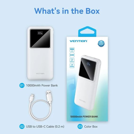 УМБ Vention 10000mAh 22.5W 3A PD,QC3.0, Micro-USB,USB-C,2xUSB-A, LED Display,White | Зображення 3