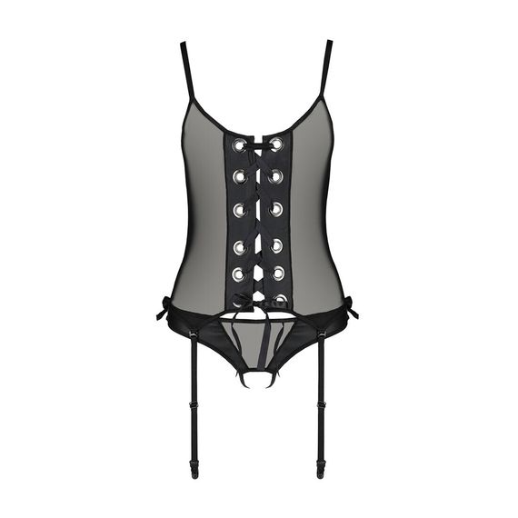 Корсет зі шнурівкою Passion NESSY CORSET S/M black, стрінги з відкритим доступом, пажі для панчіх | Зображення 2