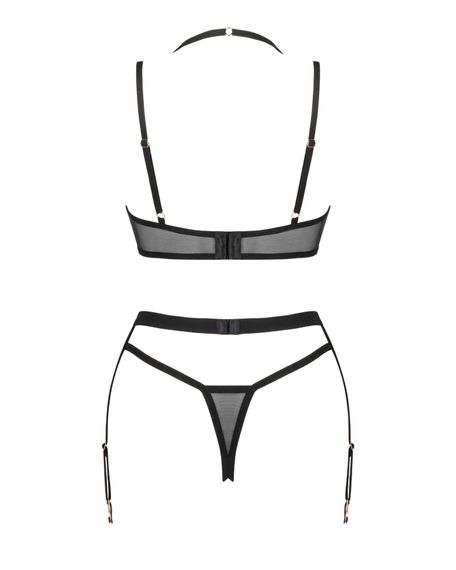 Комплект білизни Obsessive Selinne 3-pcs set XL/2XL Black, бюстгальтер, стрінги пояс для панчіх | Зображення 3