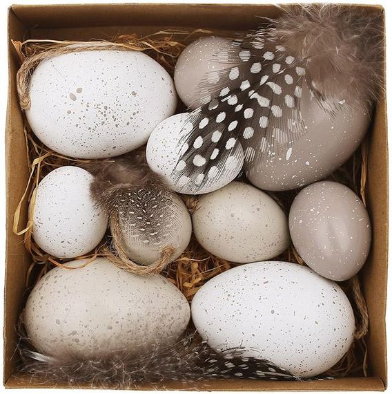 Декоративний набір "Великодні Яйця", 10 яєць-підвісок з пером, білий з сірим