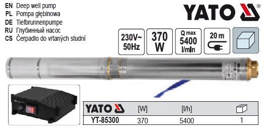 Насос для води глибинний YATO Польша: 370 Вт, 5400 л/год, макс.висота- 35 м, макс.глибина- 80 м, кабель-20м | Зображення 1