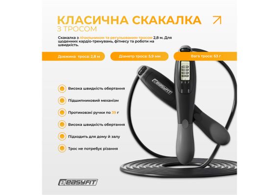 Скакалка з лічильником EasyFit TwinRope швидкісна 2,8 м чорна-сіра (EF-1909-GY) | Зображення 3