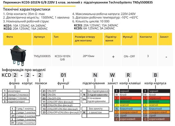 Перемикач KCD3-101EN G/B 220V 1 кнопка зелена з підсвічуванням Ny95500835 | Зображення 1