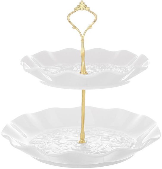 Блюдо фуршетна стійка "White City Монстера" 2-х ярусна Ø22/Ø27см, біла порцеляна